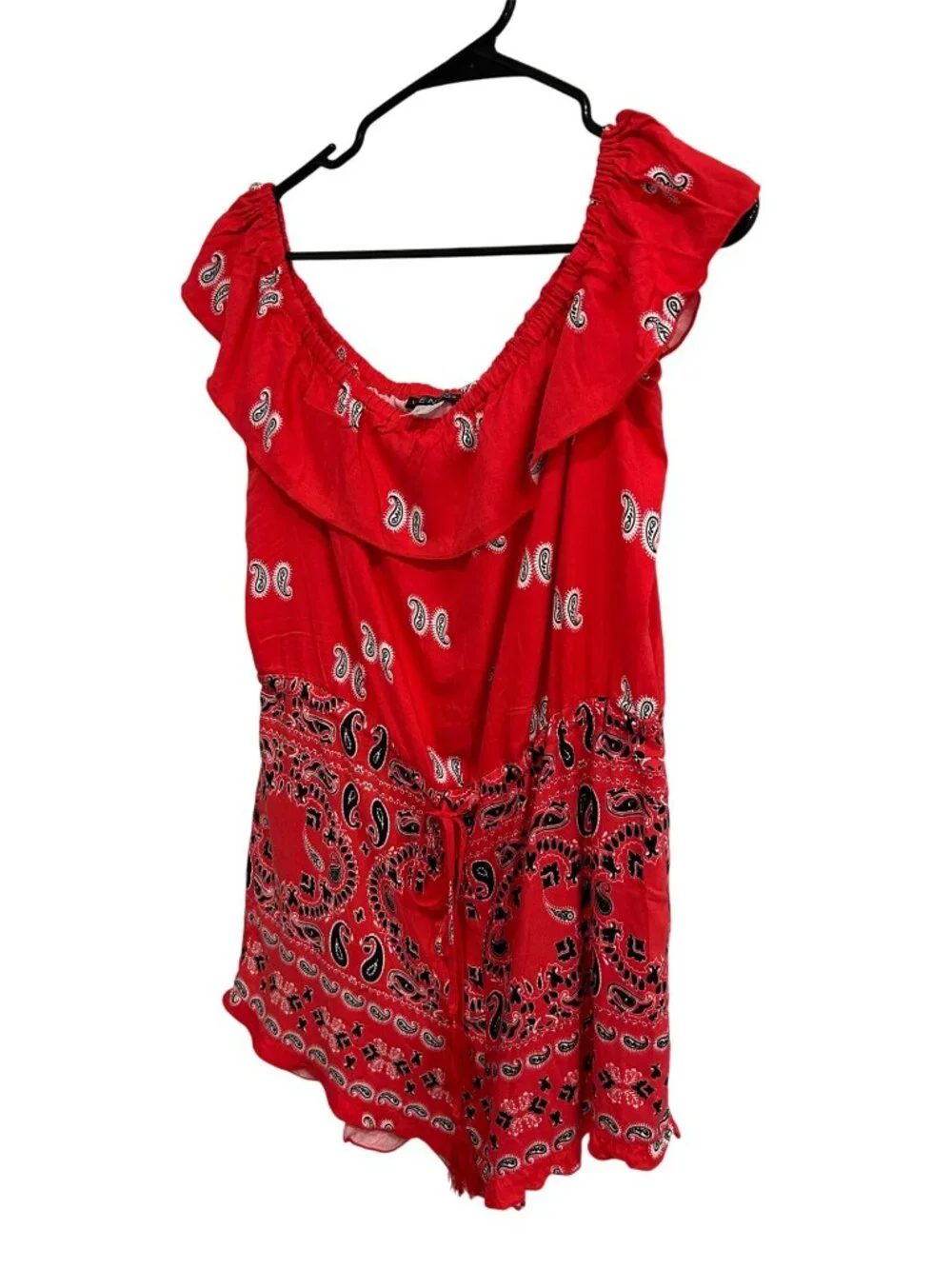 Venus Medium Red Paisley Print Off Shoulder Baby Doll Romper Boho Festival